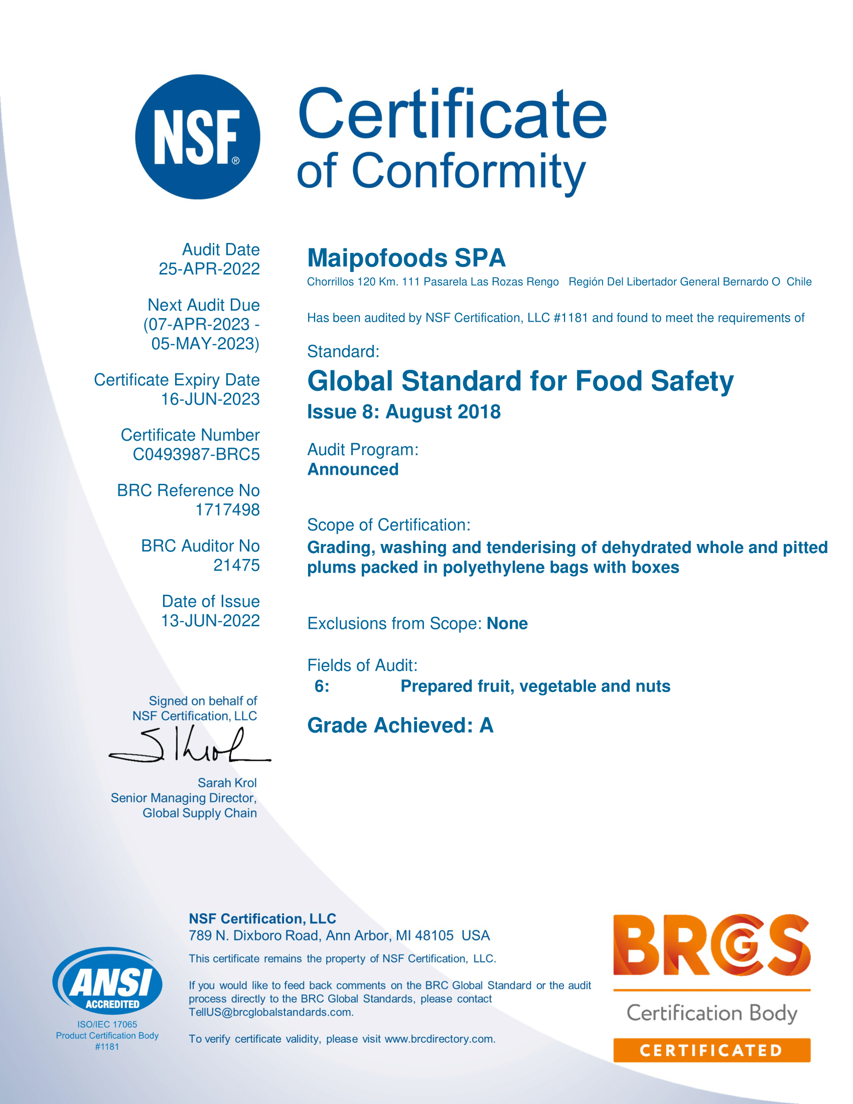 Certificaciones Maipofoods